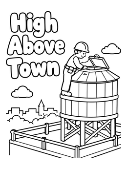 Free printable Worker Checking Rooftop Water Tower coloring page