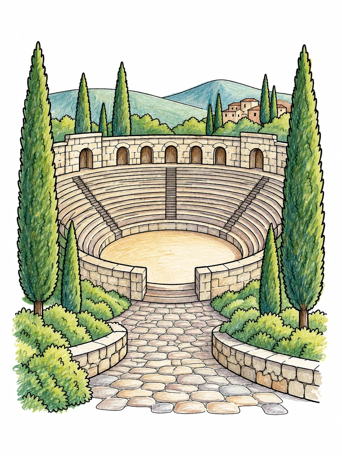 Colored example of the Ancient Mediterranean Amphitheater And Cypresses coloring page