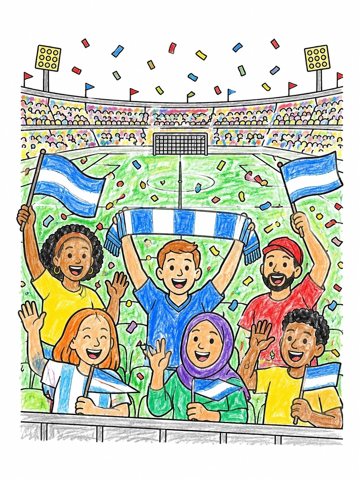 Colored example of the Cheerful Soccer Fans In The Stadium coloring page