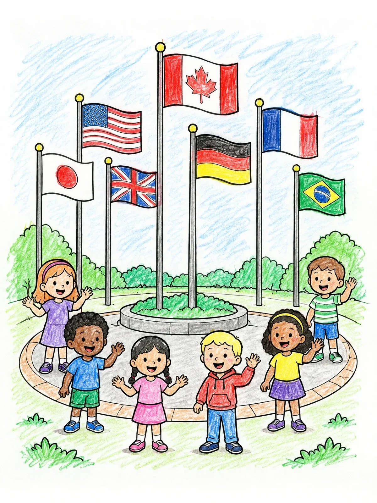 Colored example of the Children Standing Before International Flags coloring page