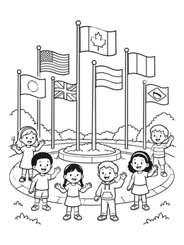 Free printable Children Standing Before International Flags coloring page