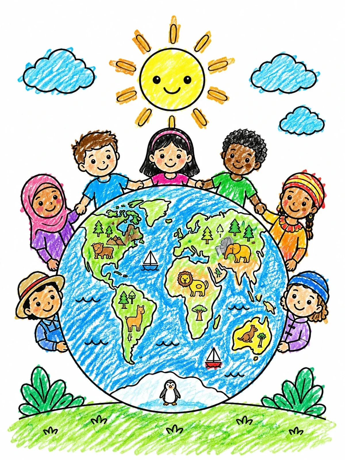 Colored example of the Children Around The Smiling Planet coloring page