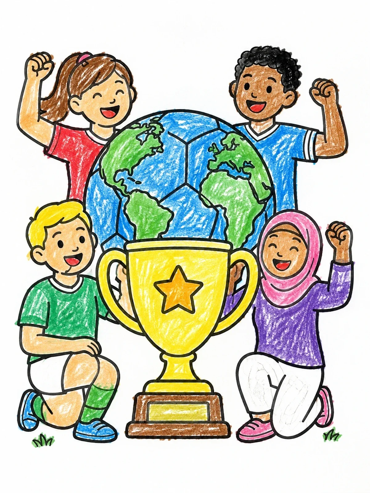 Colored example of the Children Celebrating With Globe Trophy coloring page