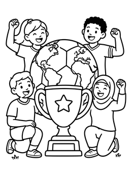 Free printable Children Celebrating With Globe Trophy coloring page
