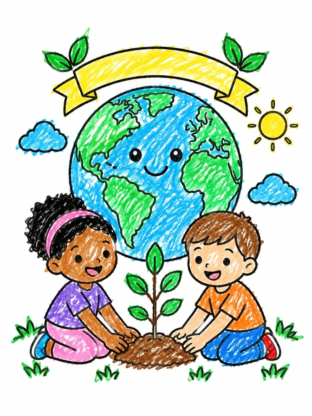 Colored example of the Children Planting Tree For Earth Day coloring page