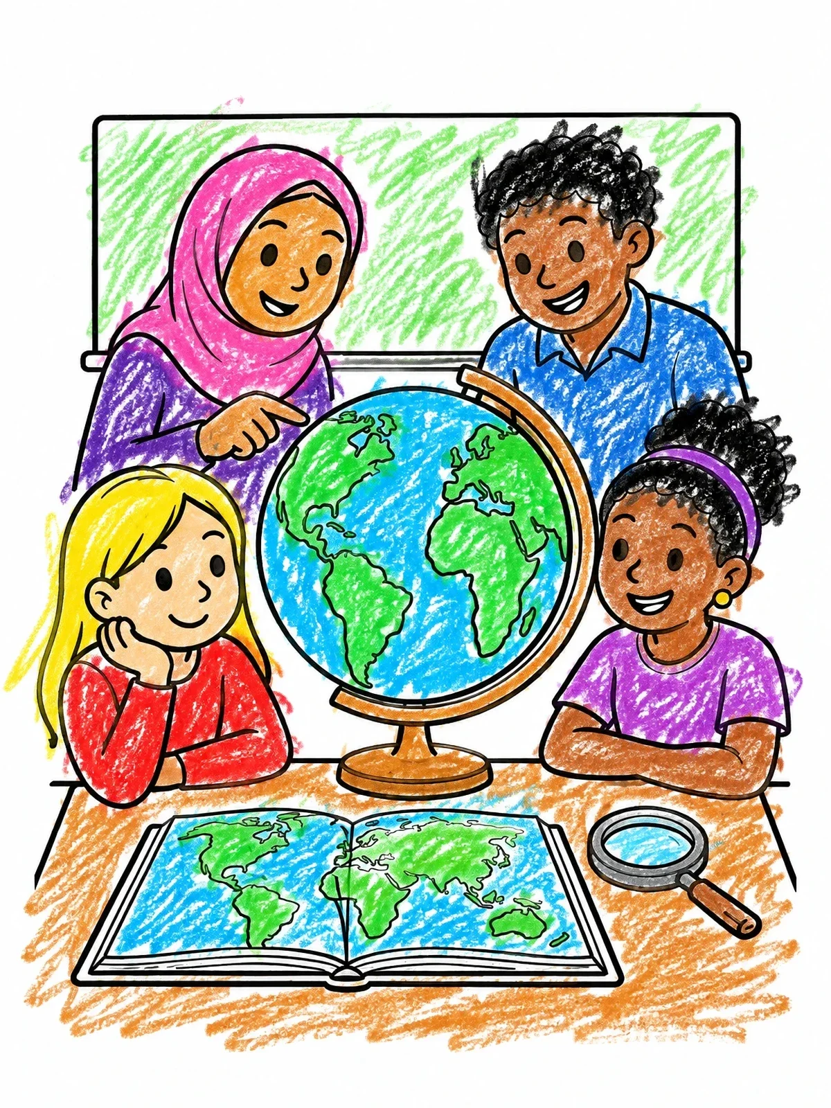 Colored example of the Children Studying Earth On Globe coloring page