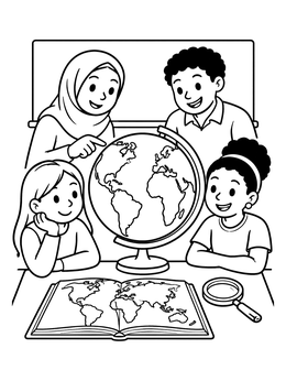 Free printable Children Studying Earth On Globe coloring page