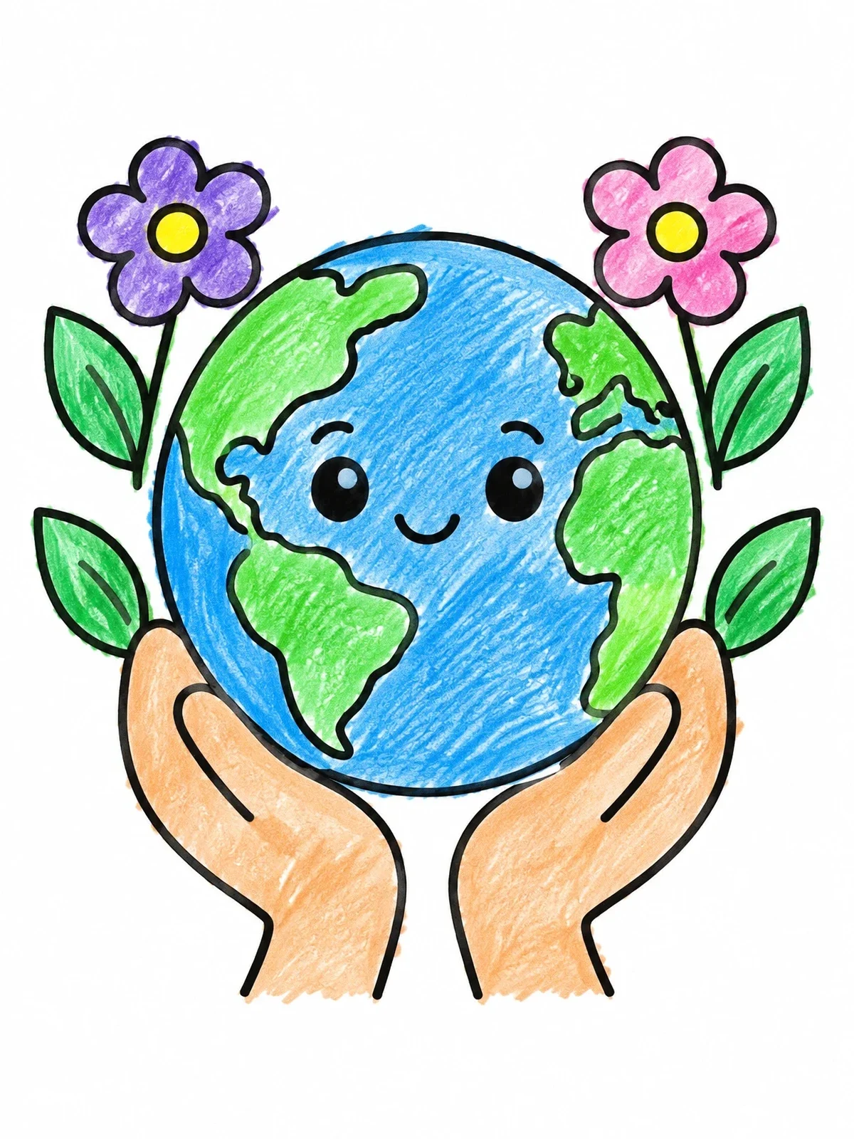 Colored example of the Cute Earth Held In Gentle Hands coloring page