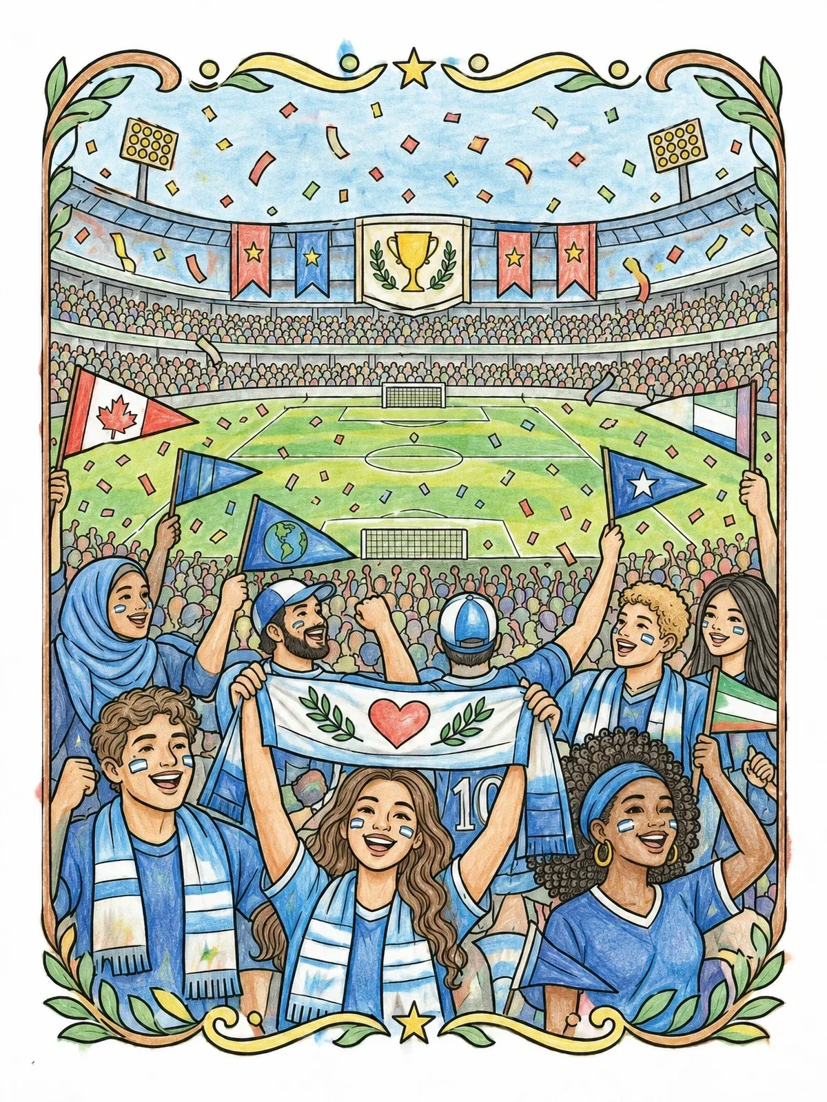 Colored example of the Global Soccer Fans In Stadium coloring page