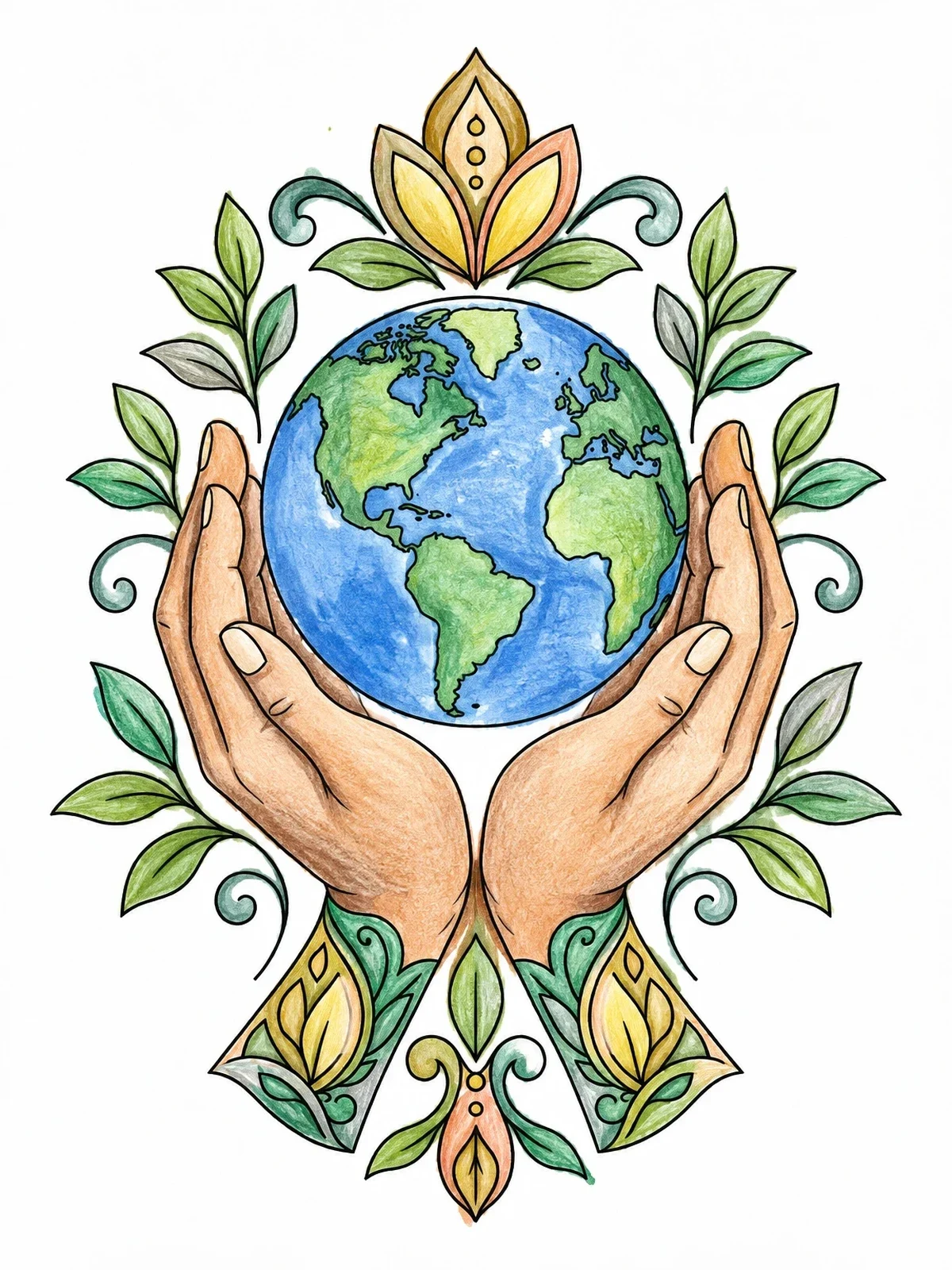 Colored example of the Hands Cradling The Earth Globe coloring page