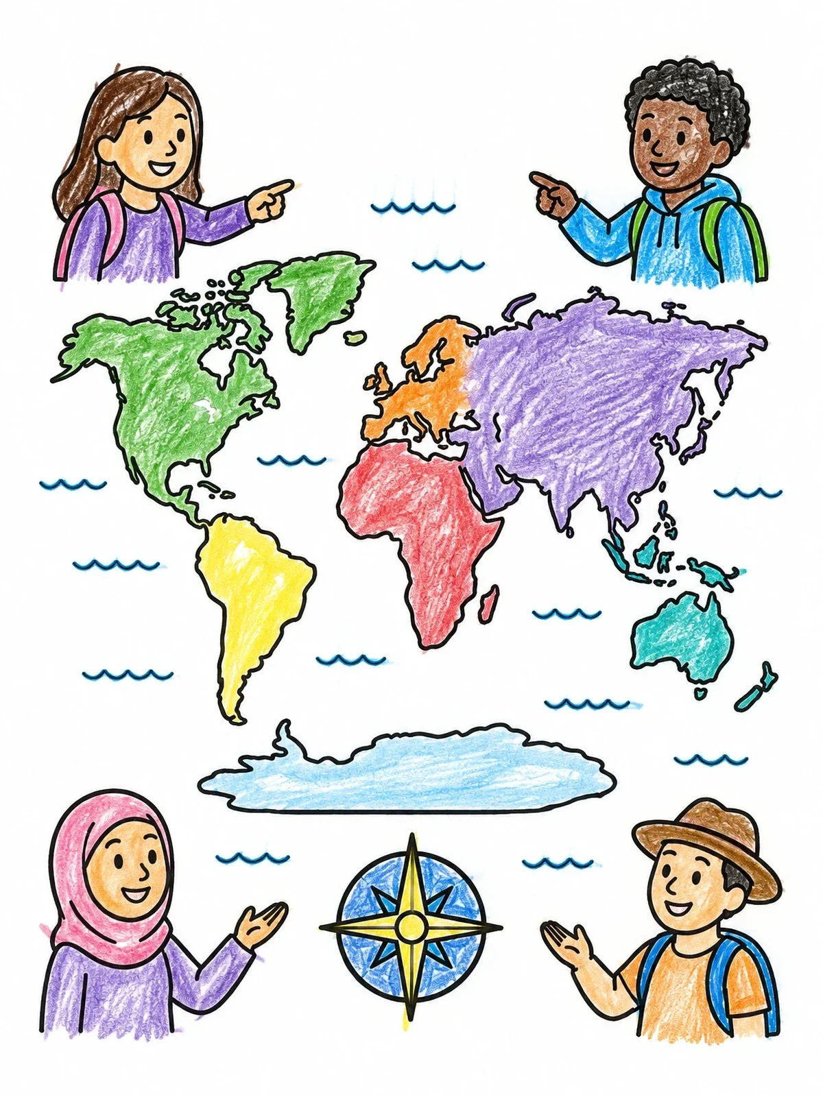Colored example of the Children Exploring The World Map coloring page