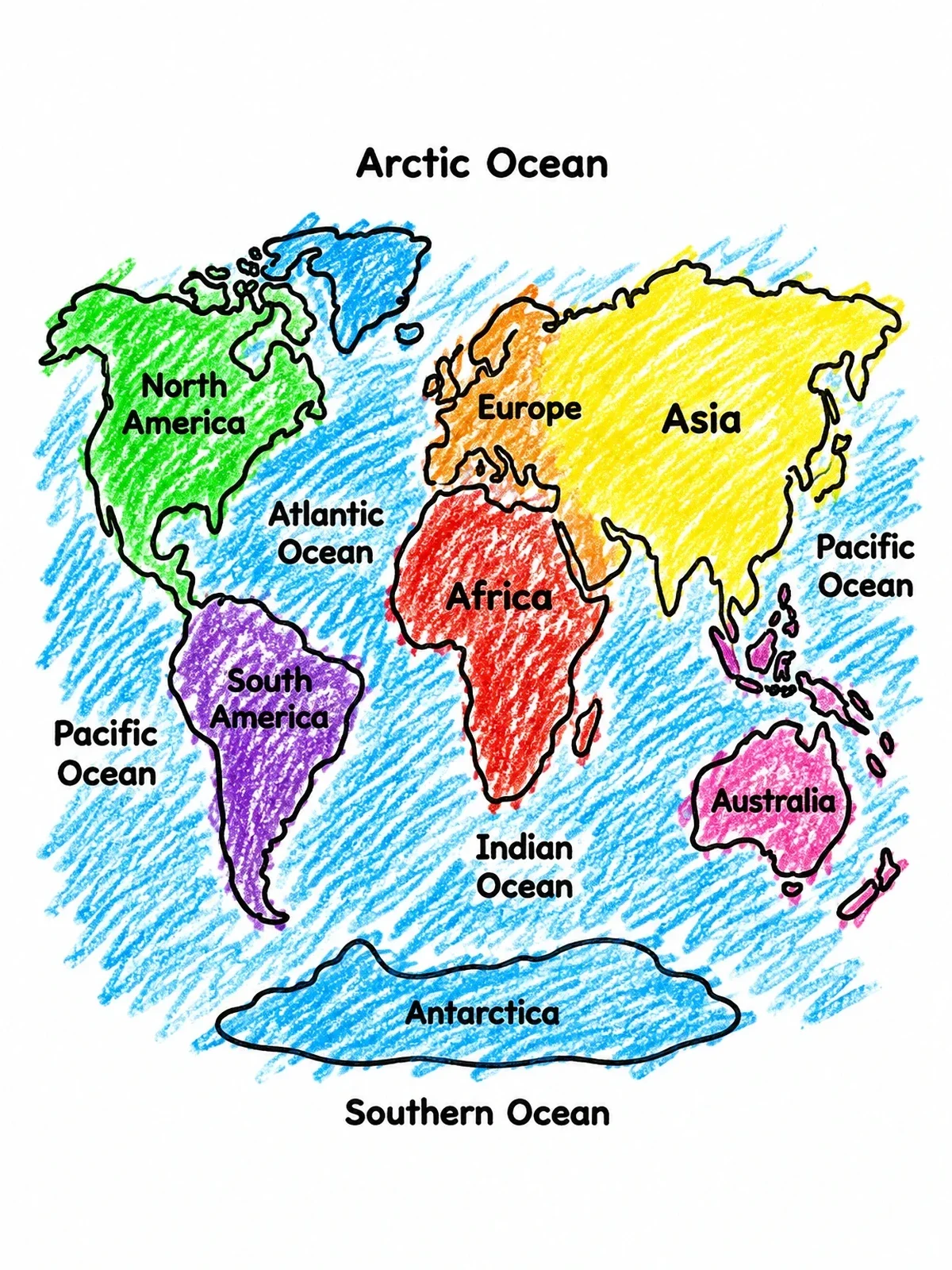 Colored example of the World Map With Continents And Oceans coloring page