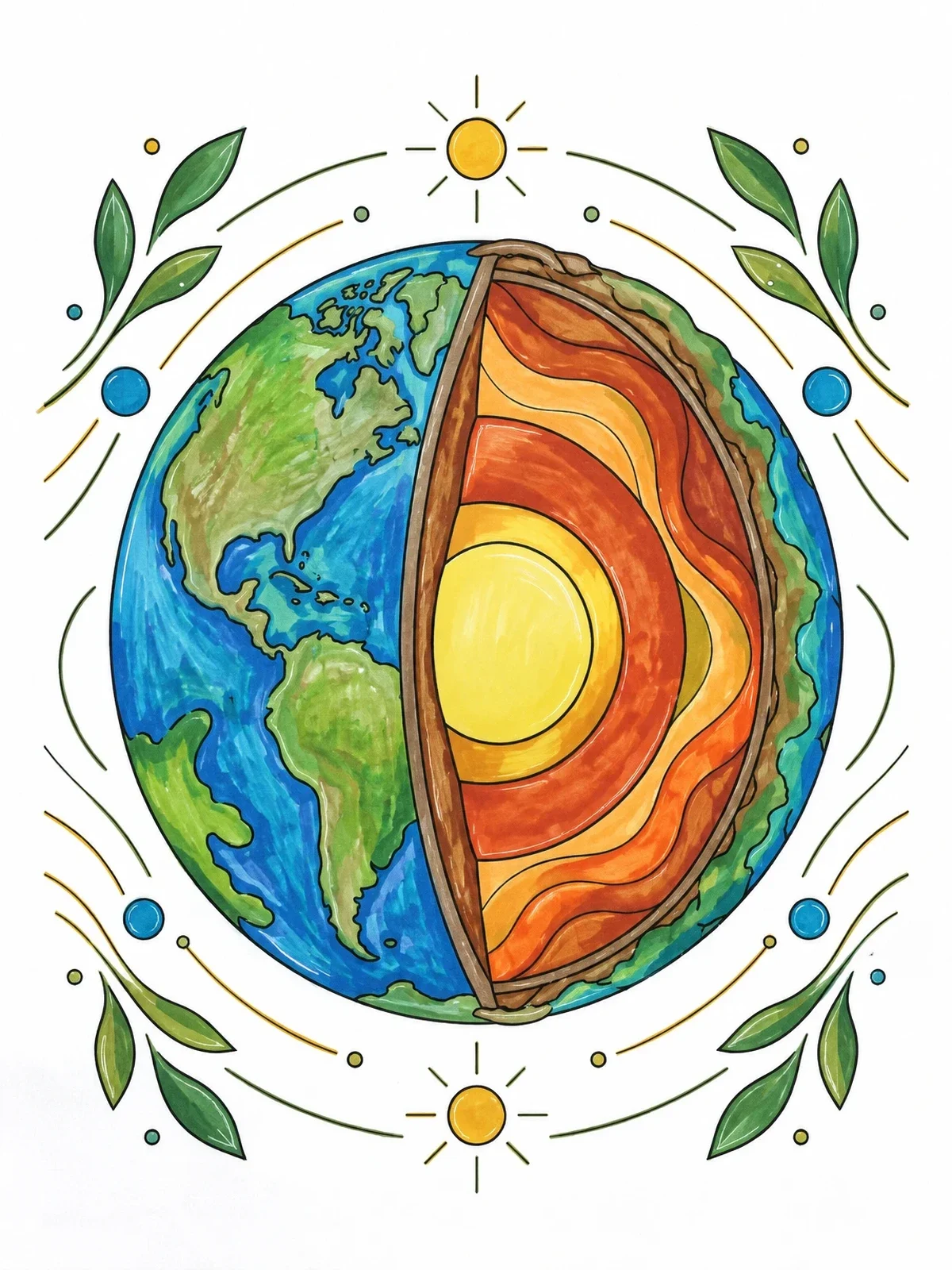 Colored example of the Planet Earth Cross Section Diagram coloring page