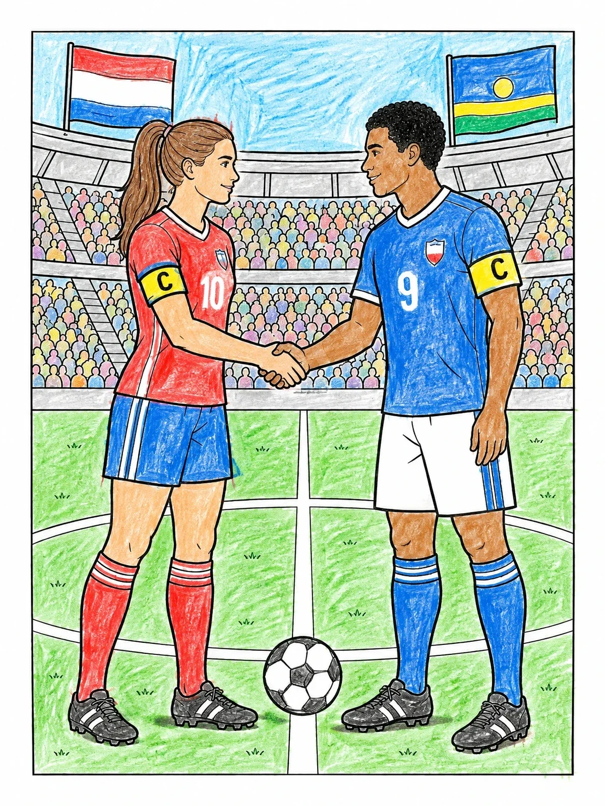 Colored example of the Soccer Players Shaking Hands In Stadium coloring page