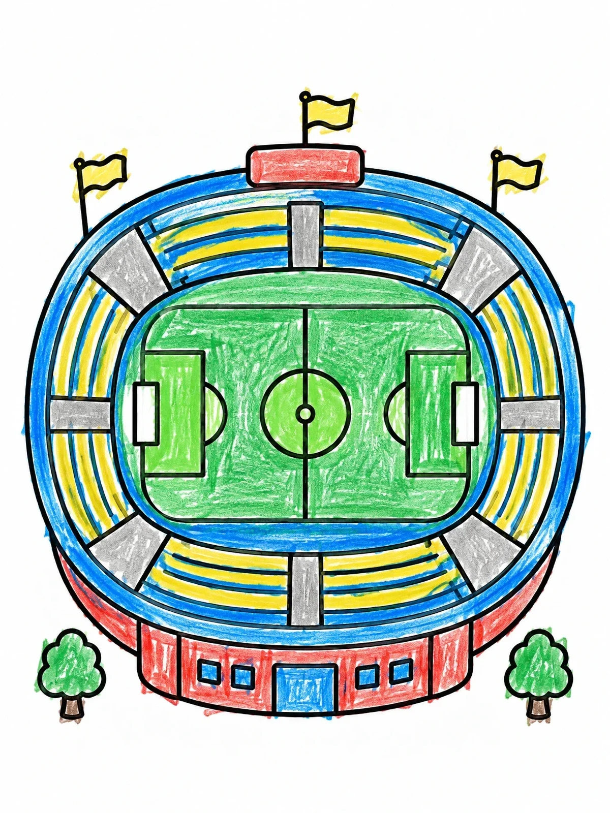 Colored example of the Soccer Stadium From Above coloring page