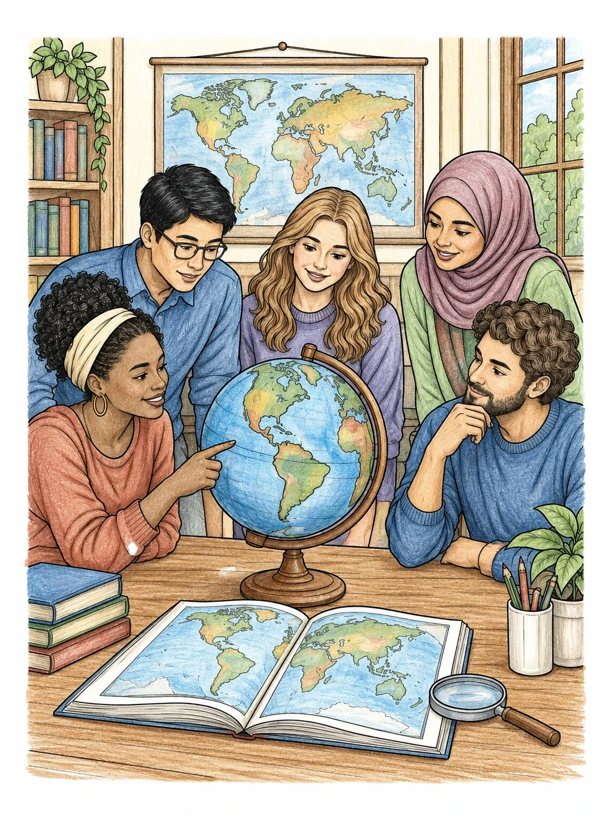 Colored example of the Students Studying The Globe Together coloring page