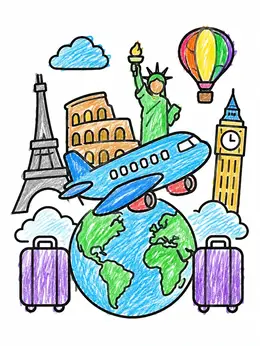 World Travel Landmarks And Airplane Coloring Page