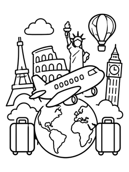Free printable World Travel Landmarks And Airplane coloring page