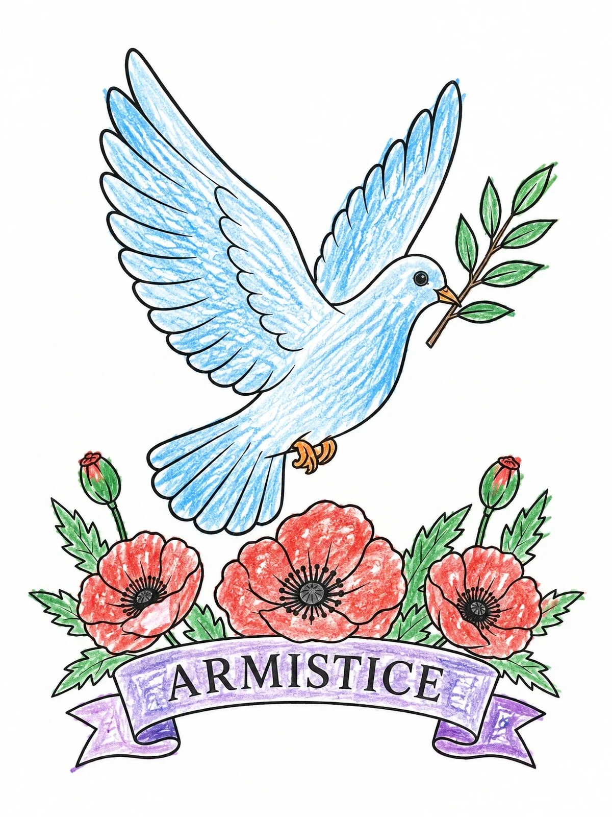Colored example of the Armistice Peace Dove With Poppies coloring page