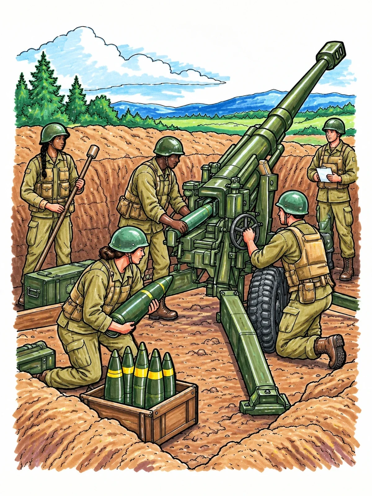 Colored example of the Artillery Crew Operating Field Howitzer coloring page
