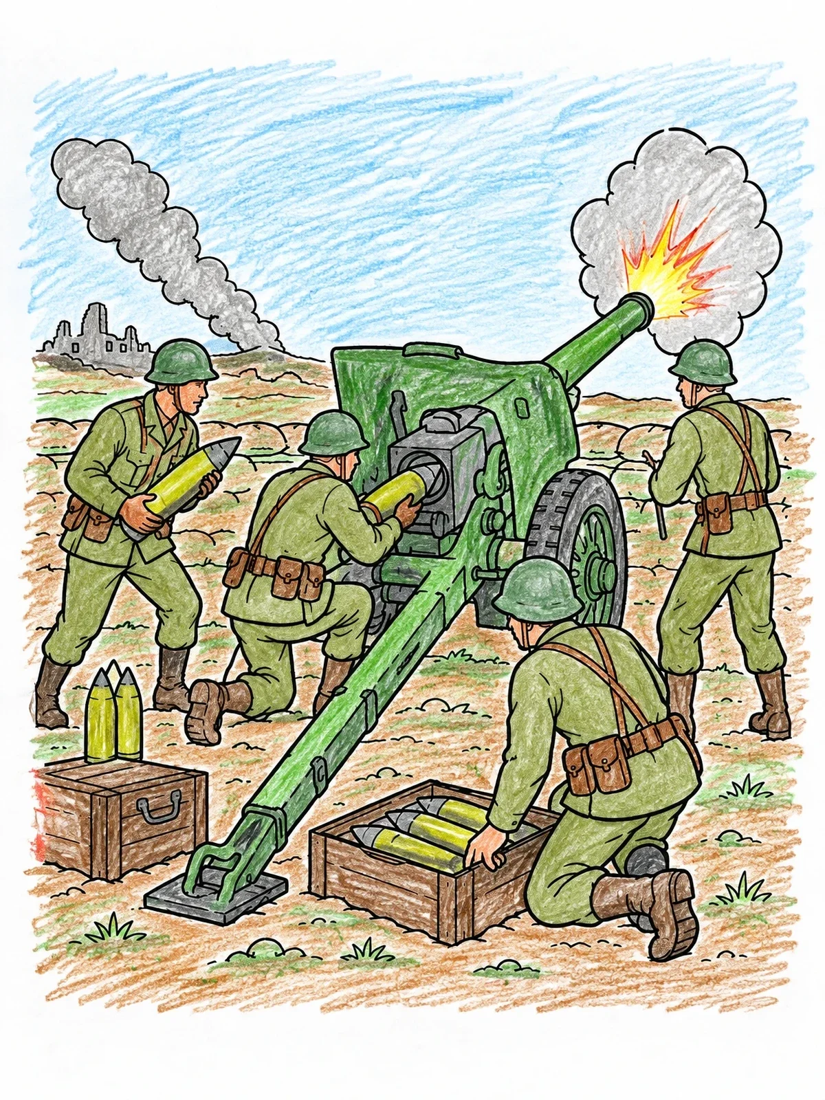 Colored example of the Artillery Crew Operating Field Cannon coloring page