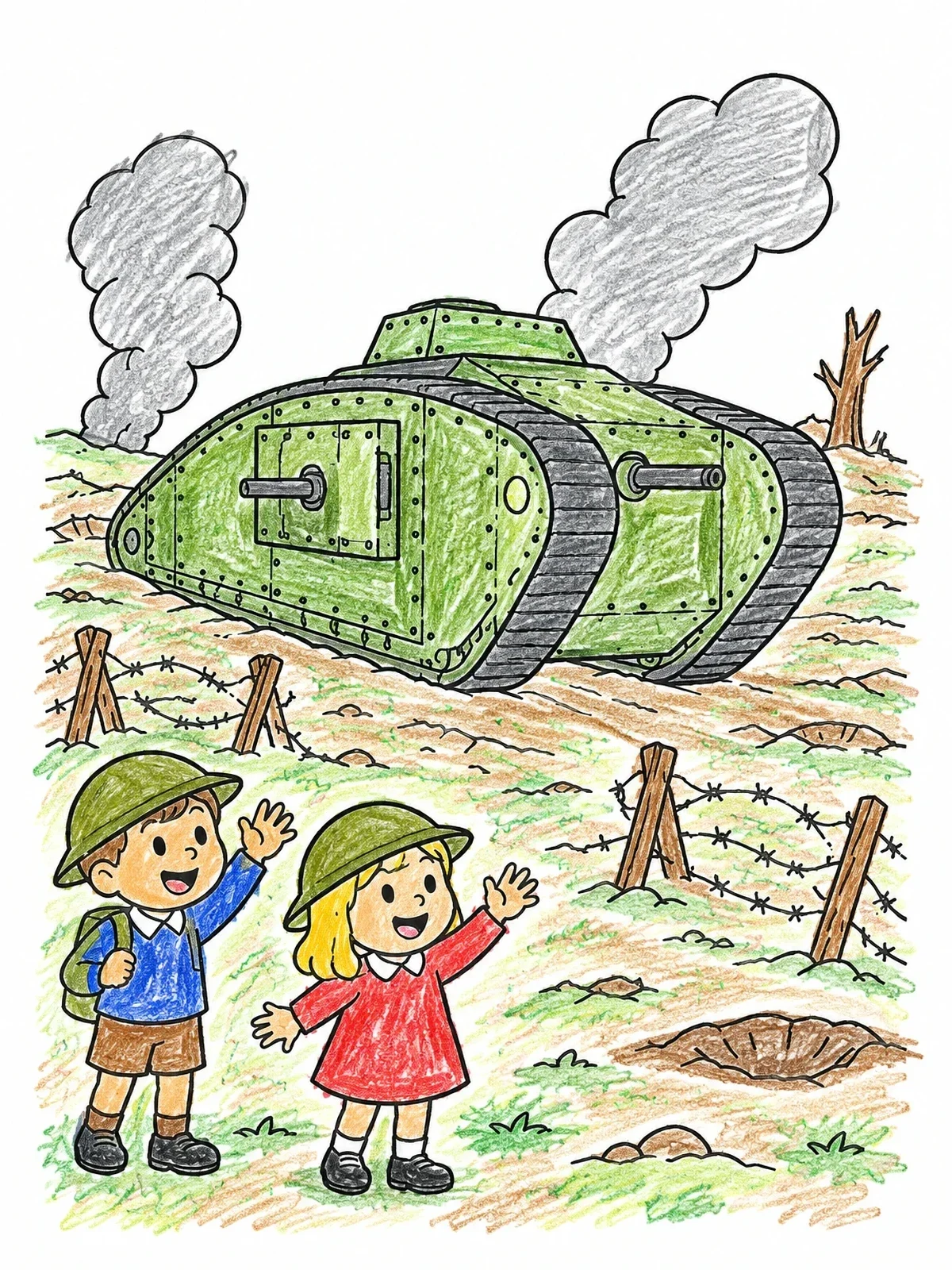 Colored example of the Children And Vintage Tank coloring page