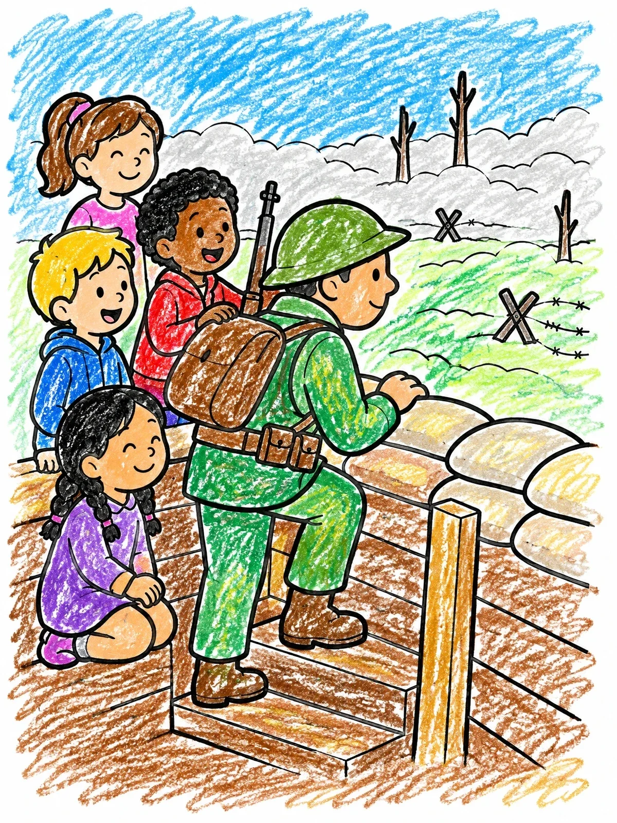 Colored example of the Children Visiting A Trench Sentry coloring page