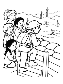 Free printable Children Visiting A Trench Sentry coloring page