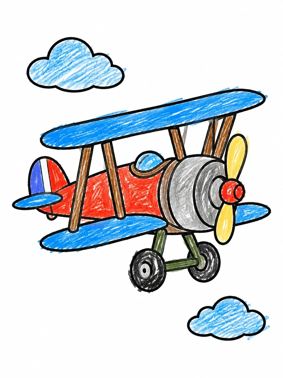 Colored example of the Cute Cartoon Biplane In Flight coloring page