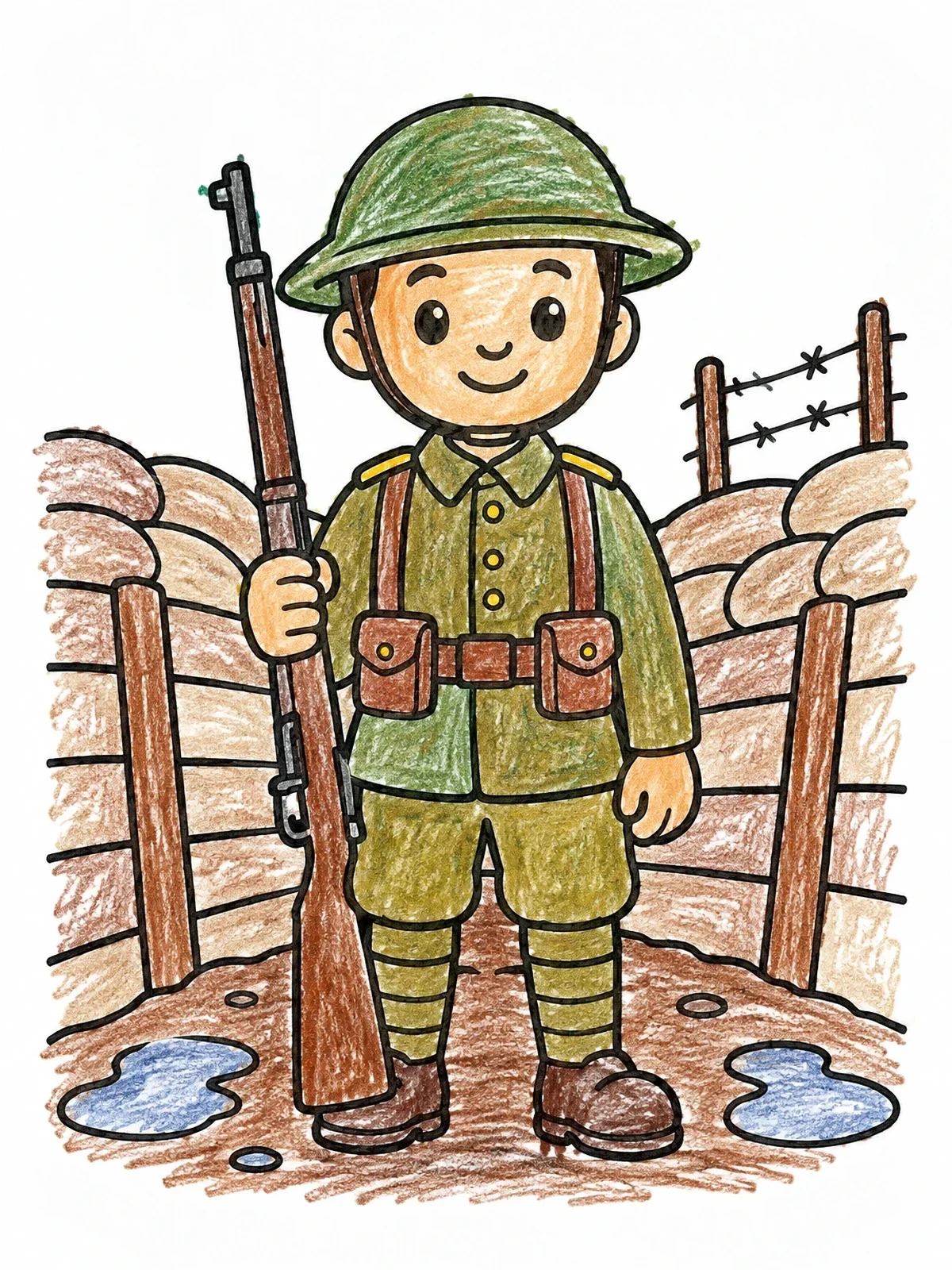 Colored example of the Cute Soldier In The Trench coloring page
