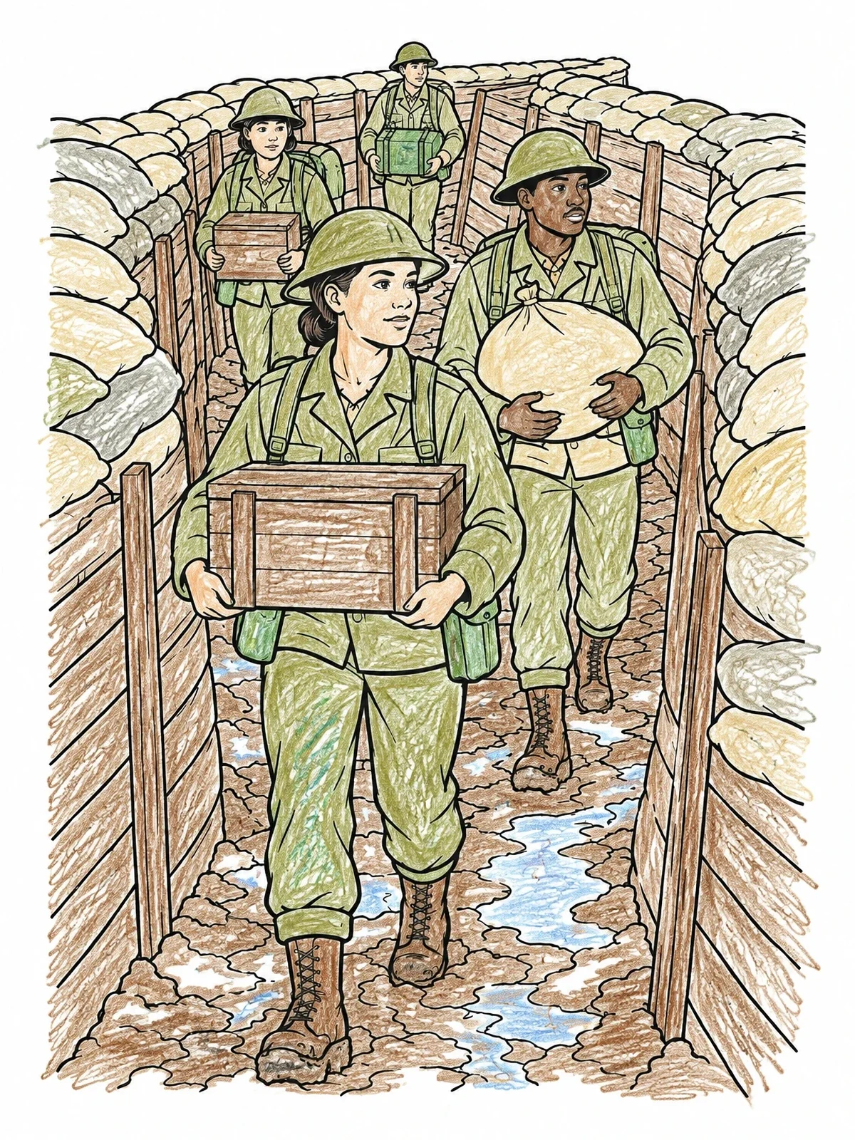 Colored example of the Soldiers Carrying Supplies Through Trenches coloring page
