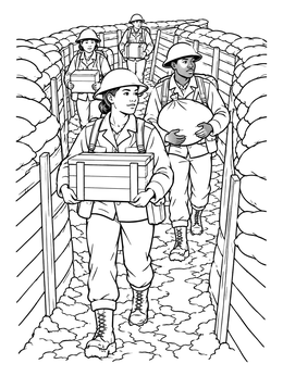 Free printable Soldiers Carrying Supplies Through Trenches coloring page