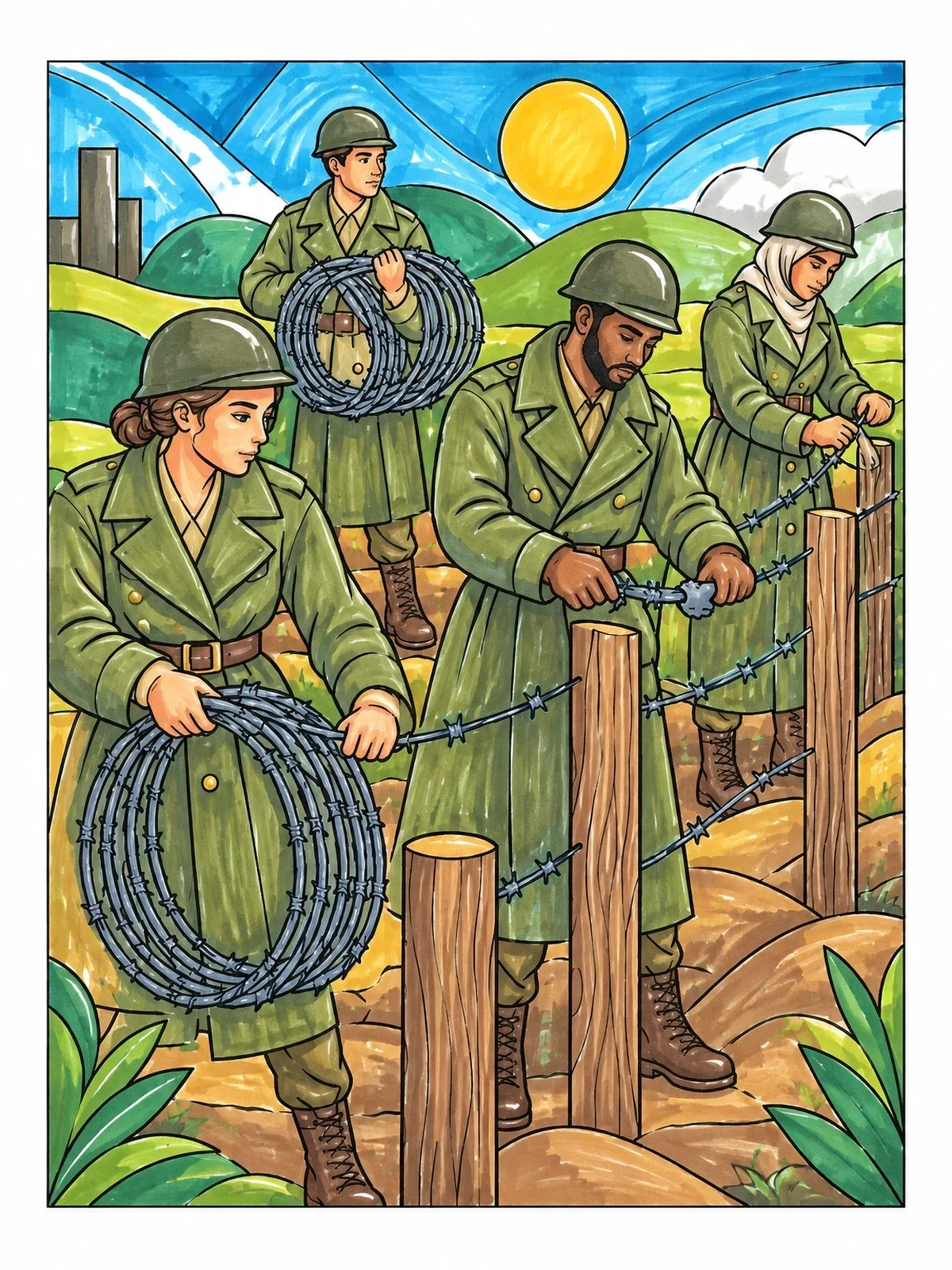 Colored example of the Soldiers Stringing Barbed Wire Fence coloring page