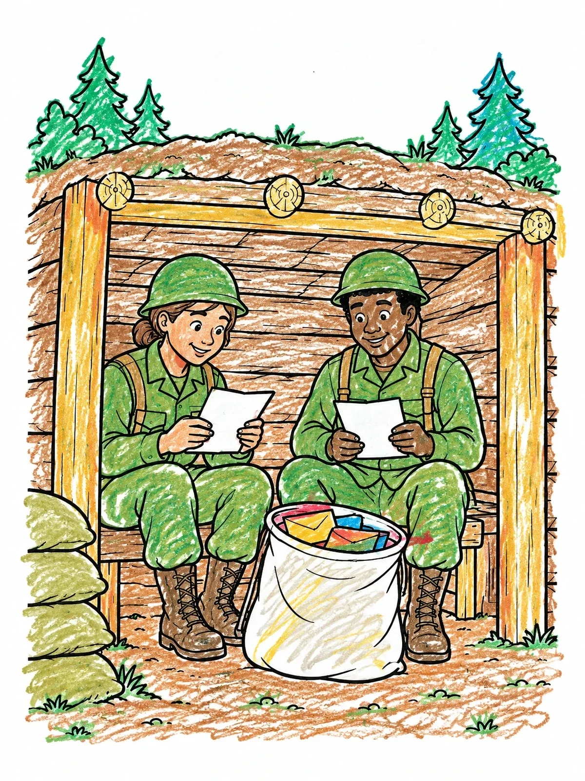 Colored example of the Soldiers Reading Mail In Dugout coloring page