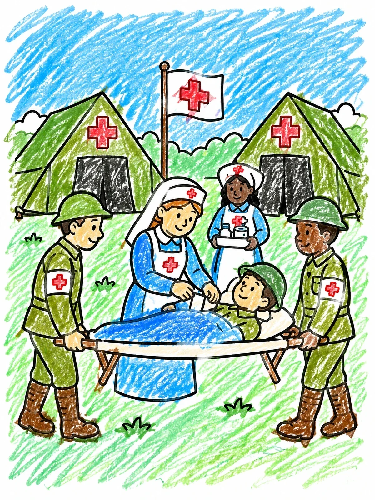 Colored example of the World War I Field Hospital Station coloring page