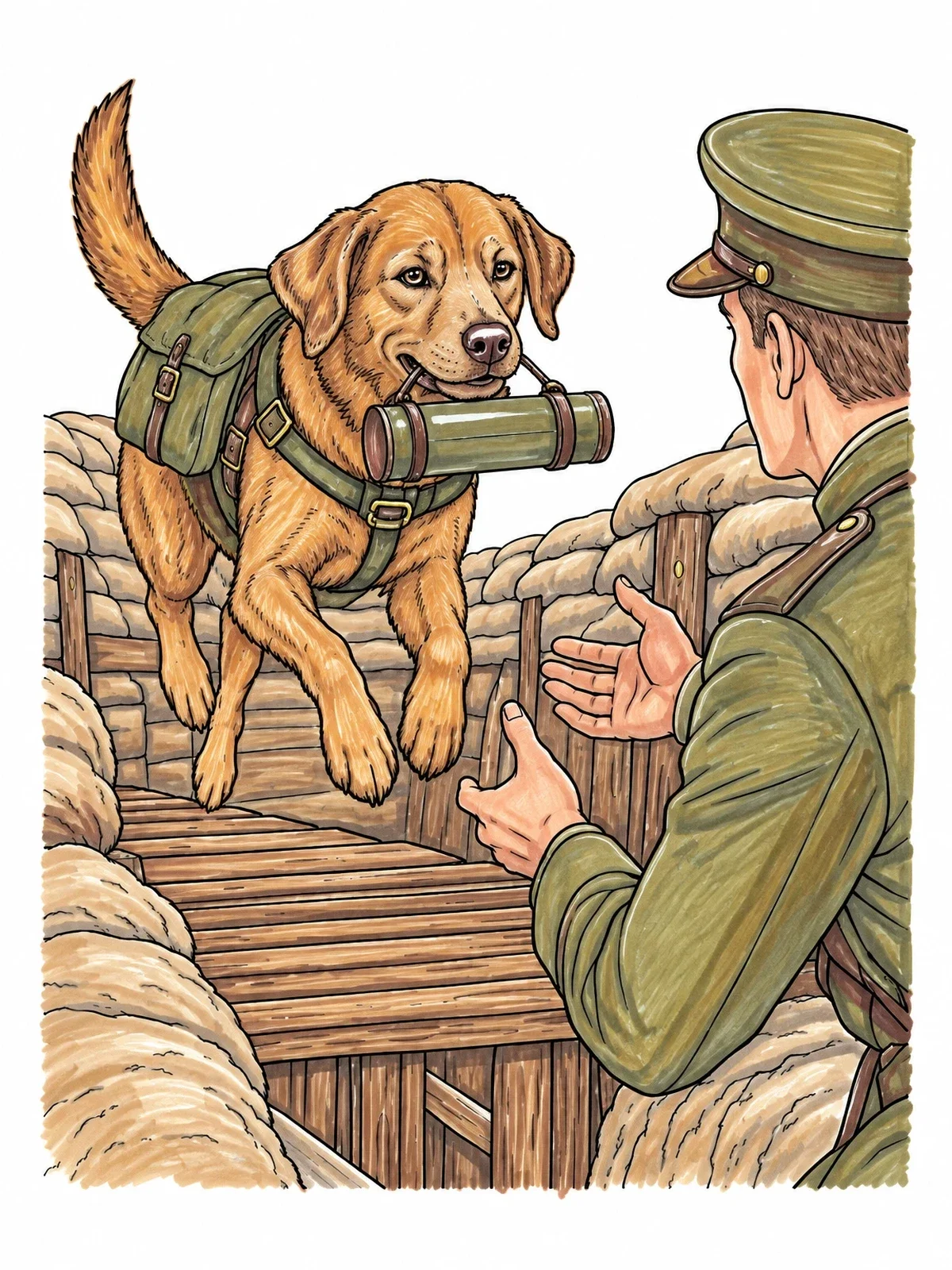 Colored example of the World War I Messenger Dog In Trench coloring page