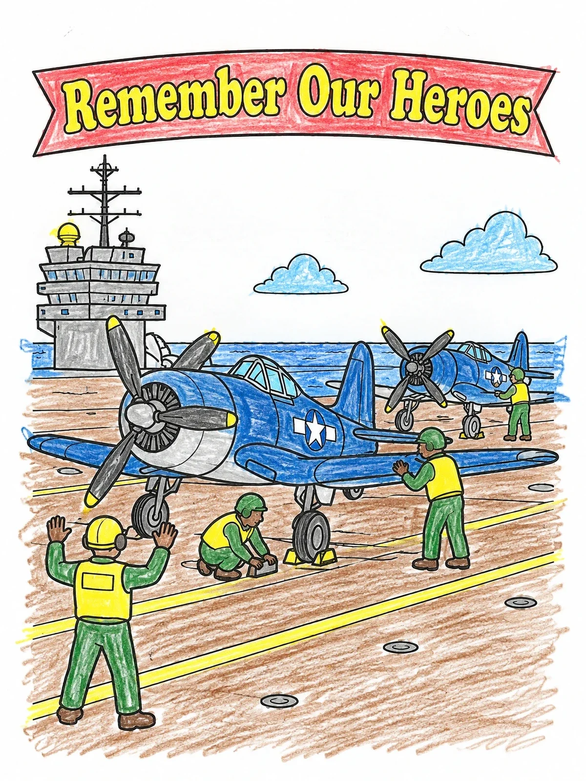 Colored example of the Aircraft Carrier Deck Flight Crew coloring page