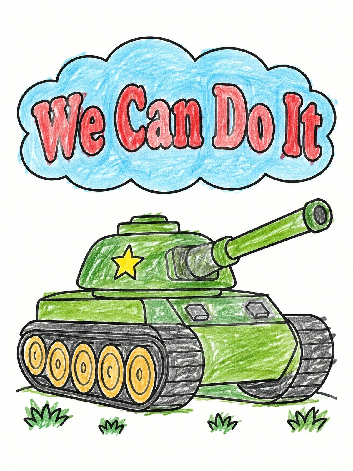 Colored example of the Cartoon Tank We Can Do It coloring page