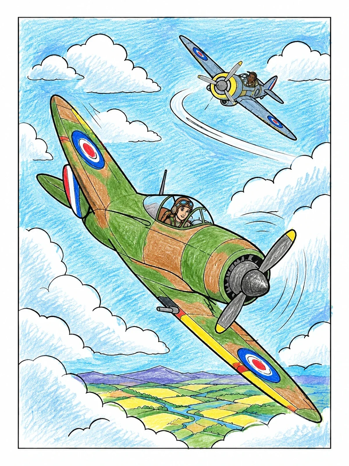 Colored example of the Fighter Planes Flying Above The Clouds coloring page