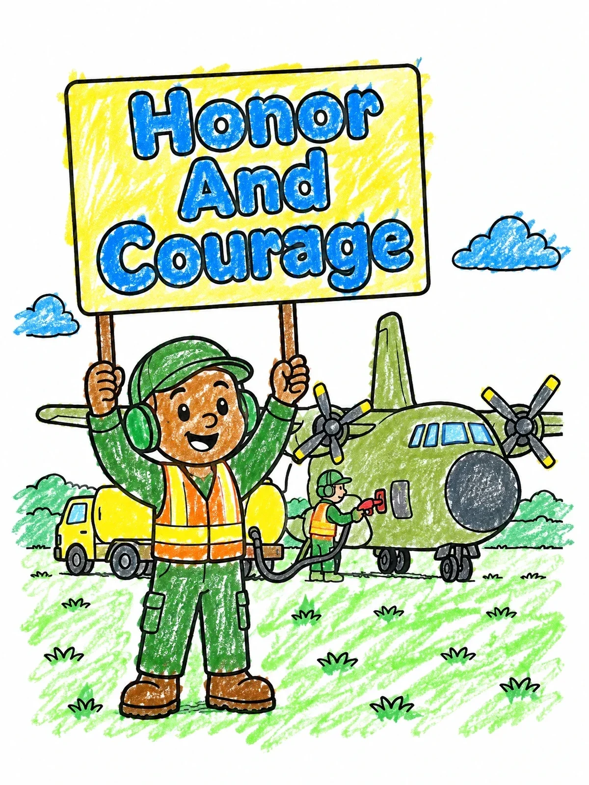 Colored example of the Ground Crew Airplane Support coloring page