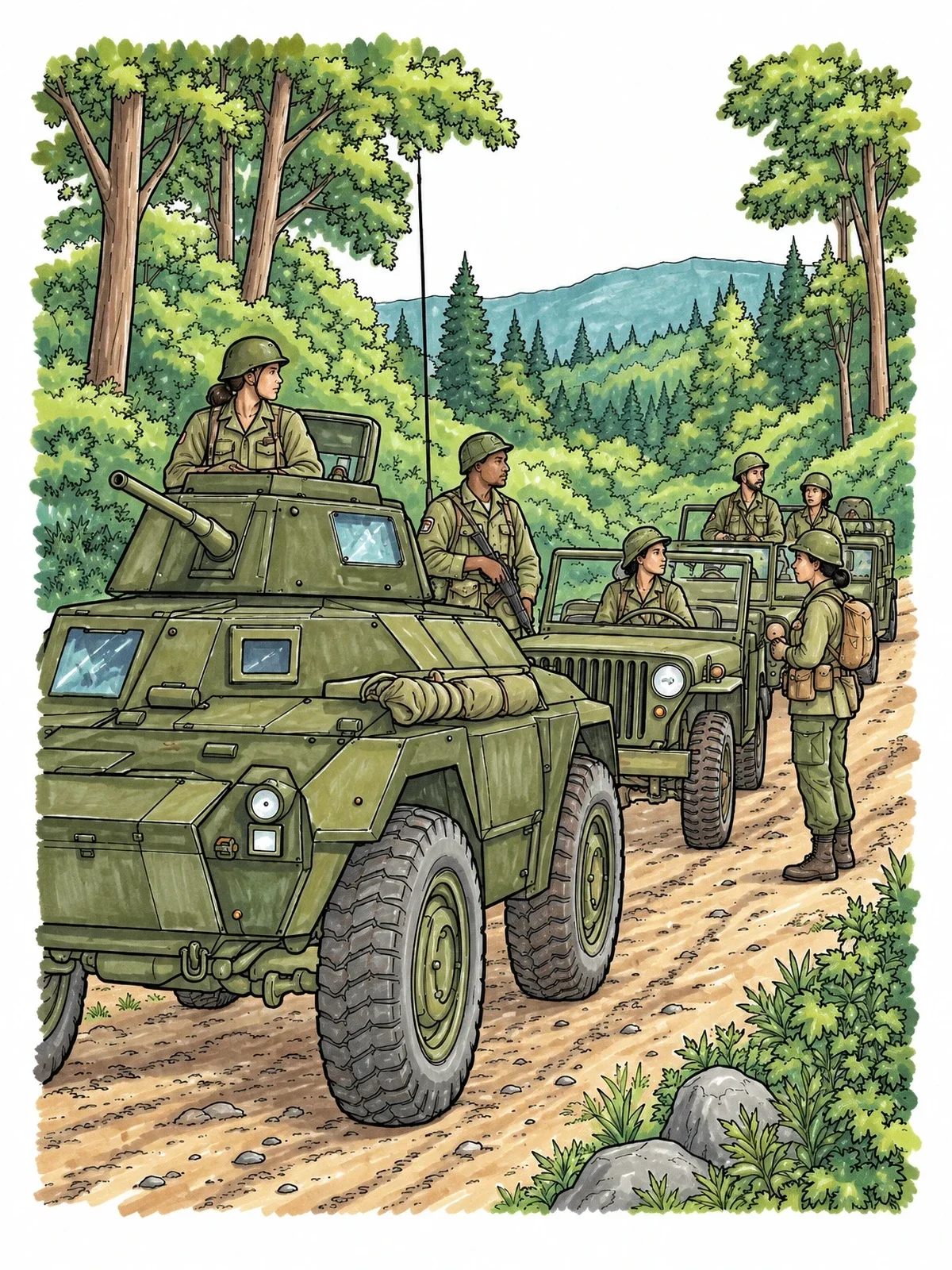 Colored example of the Military Convoy On Forest Road coloring page