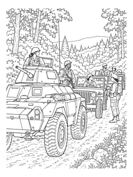 Free printable Military Convoy On Forest Road coloring page