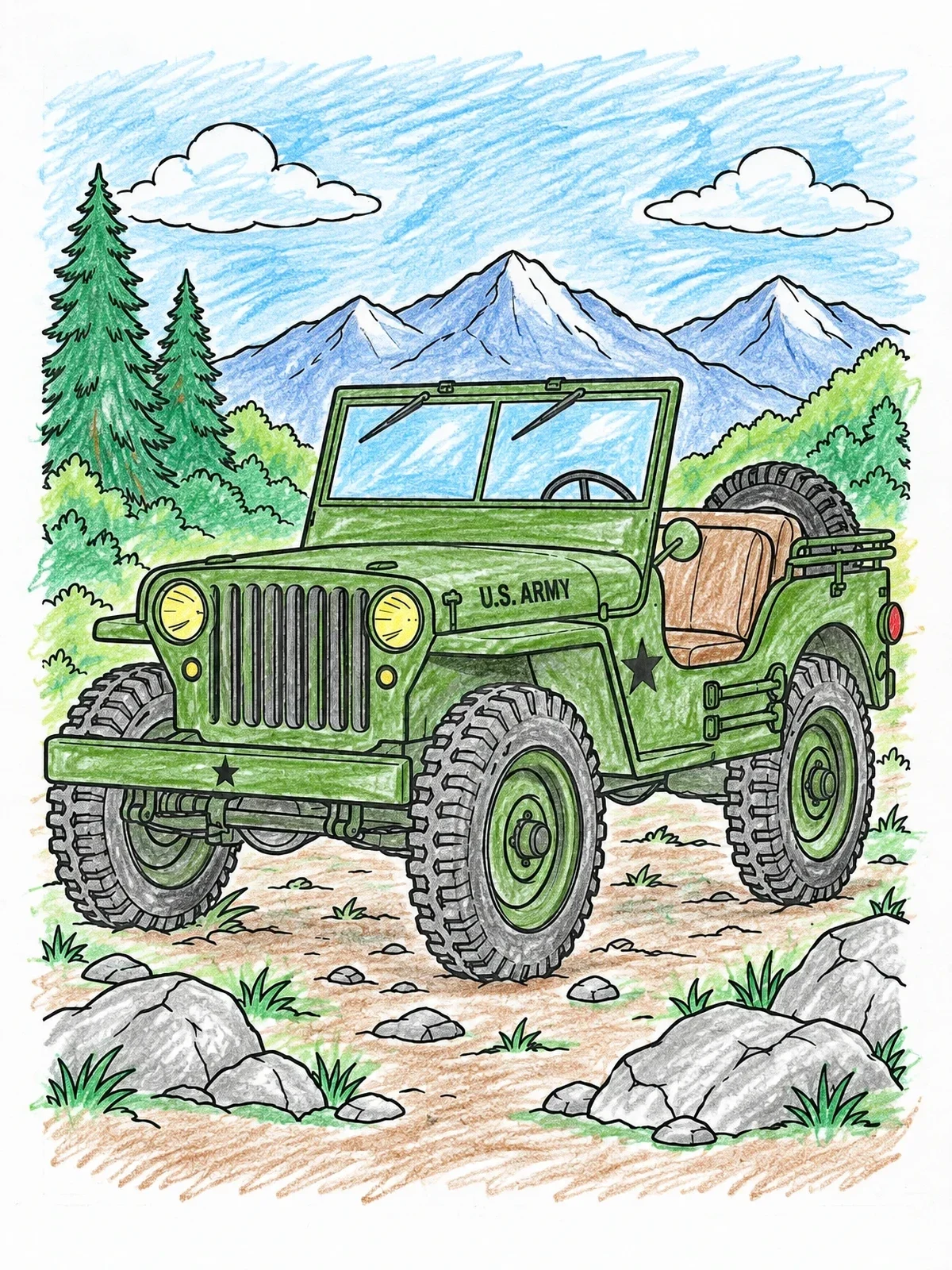 Colored example of the Military Jeep In Mountain Landscape coloring page