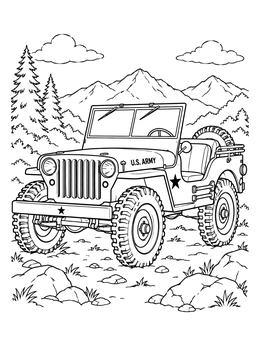 Free printable Military Jeep In Mountain Landscape coloring page