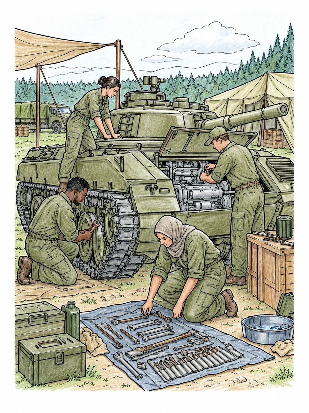 Colored example of the Military Mechanics Repairing A Tank coloring page