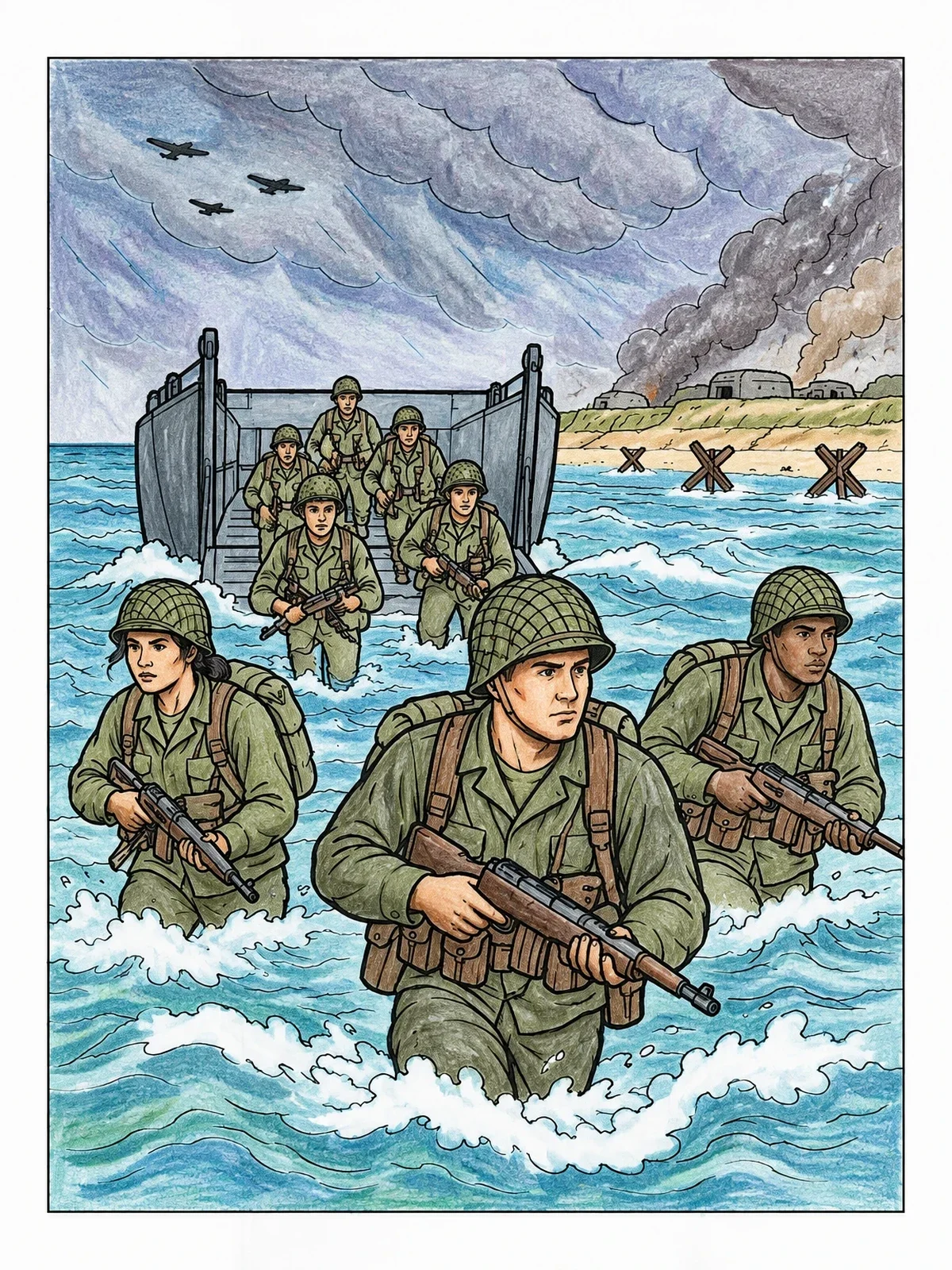 Colored example of the Normandy Beach Amphibious Landing coloring page