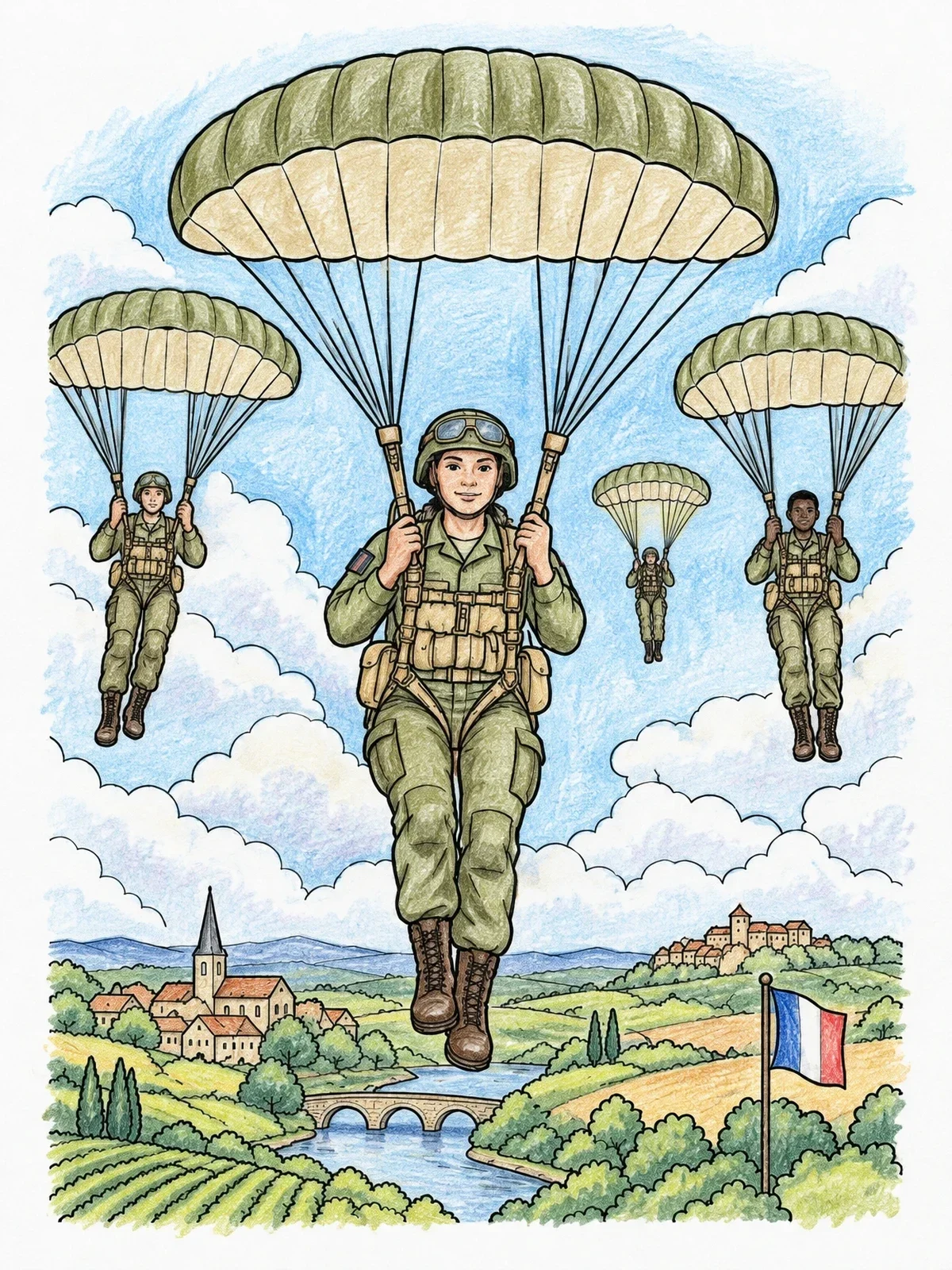 Colored example of the Paratroopers Over French Countryside coloring page