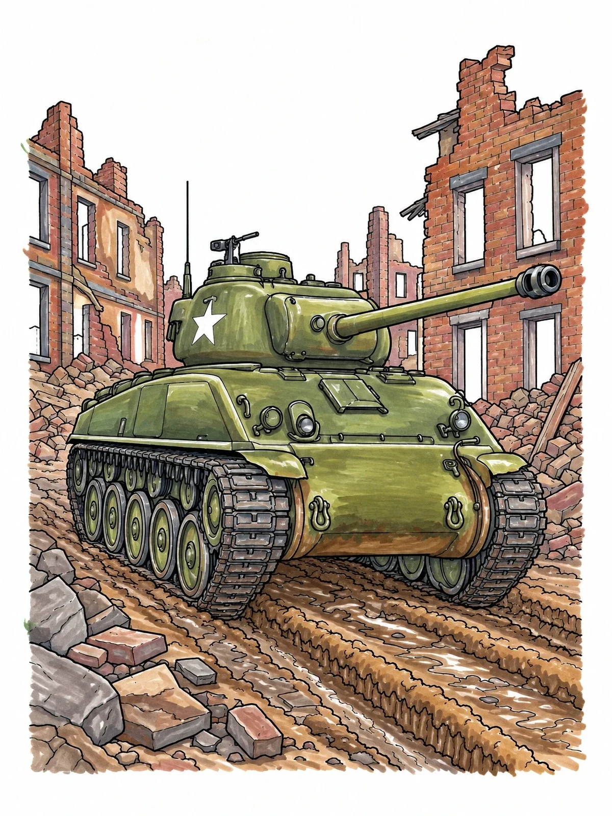 Colored example of the Sherman Tank In Ruined City coloring page