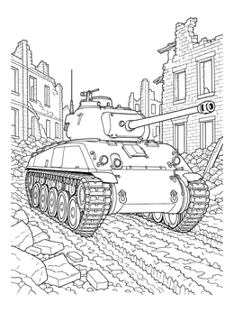 Free printable Sherman Tank In Ruined City coloring page