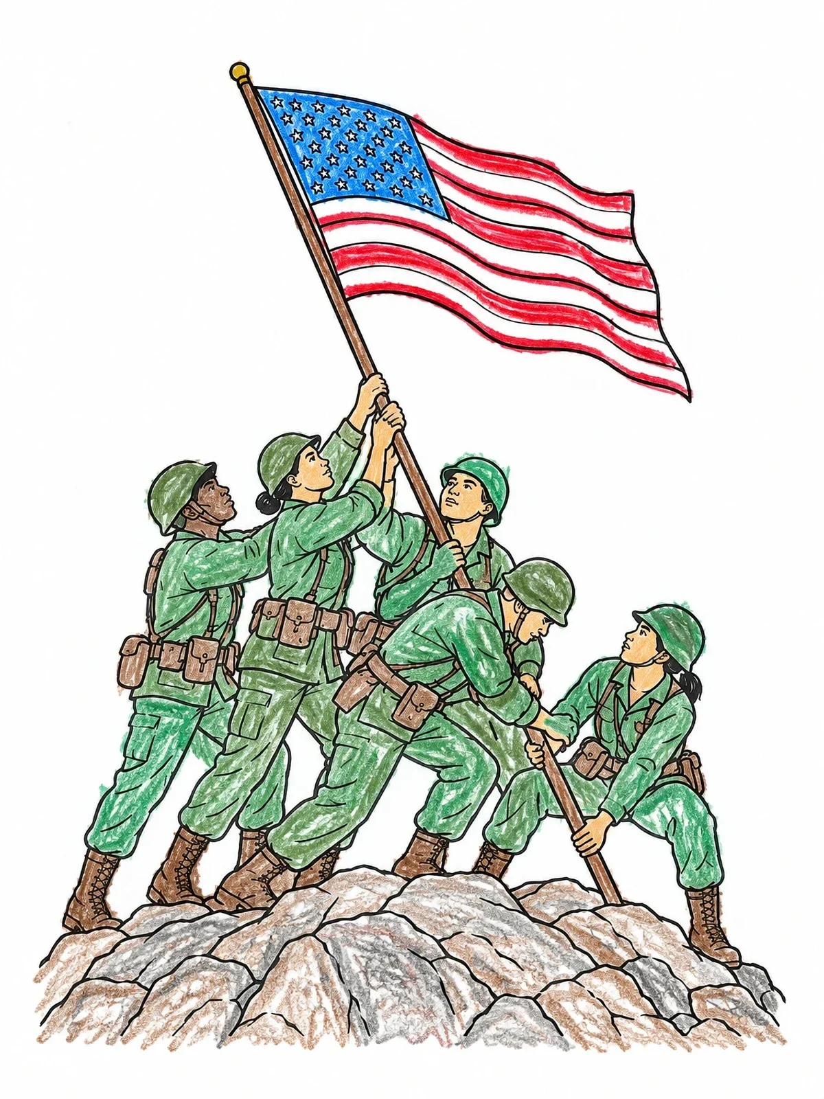 Colored example of the Soldiers Raising The Flag On Iwo Jima coloring page